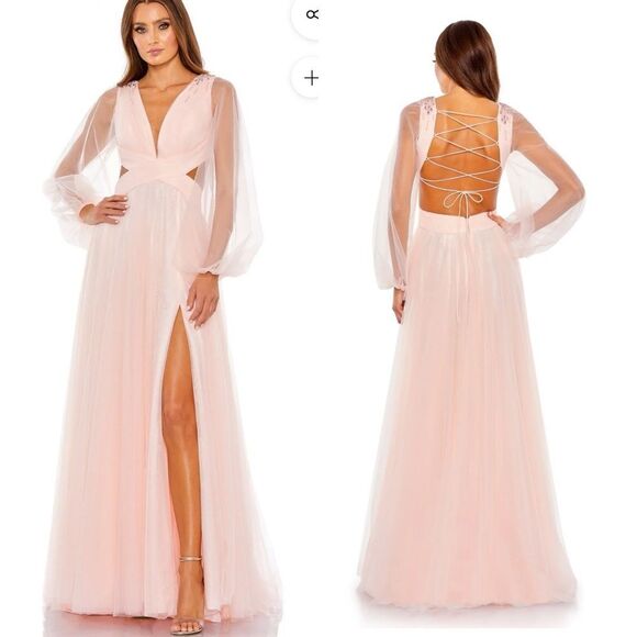 Mac Duggal blush Tulle Sheer Long Sleeve Cut Out Lace Up A Line Gown dress NWT 4 - Picture 1 of 16